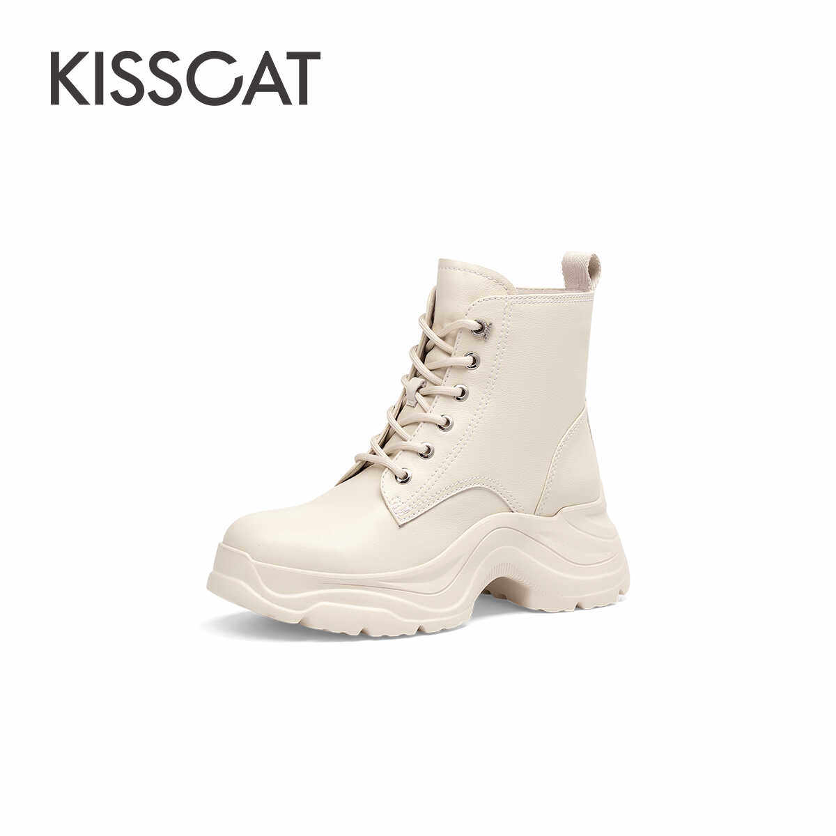 KISSCAT接吻猫[追风]马丁靴厚底户外皮靴白色真皮马丁靴增高