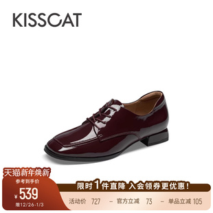女 德比真皮乐福鞋 KISSCAT接吻猫系带英伦小皮鞋 黑色系带皮鞋
