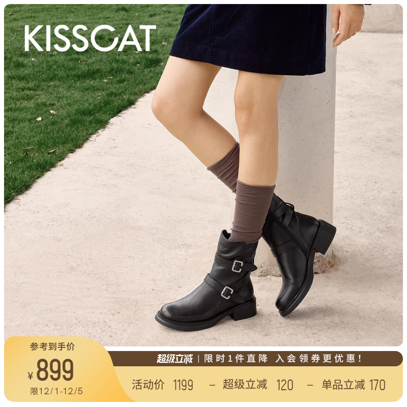 KISSCAT接吻猫[沙丘回响]机车靴25冬增高皮带扣短靴工装靴马丁靴