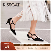 T字带单鞋 KISSCAT接吻猫 黑色高跟鞋 优雅凉鞋 华尔兹 高跟鞋