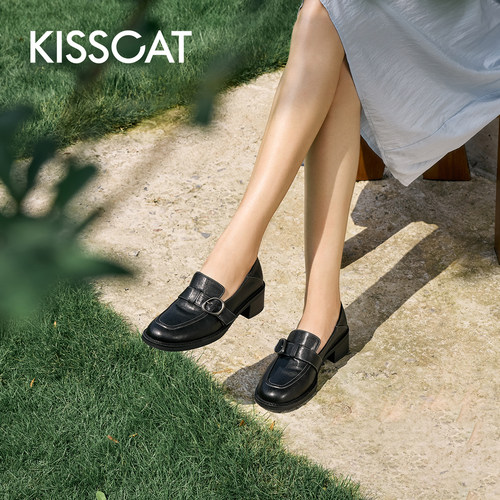 KISSCAT接吻猫[茶歇会]真皮乐福鞋两穿一脚蹬黑色乐福小皮鞋女