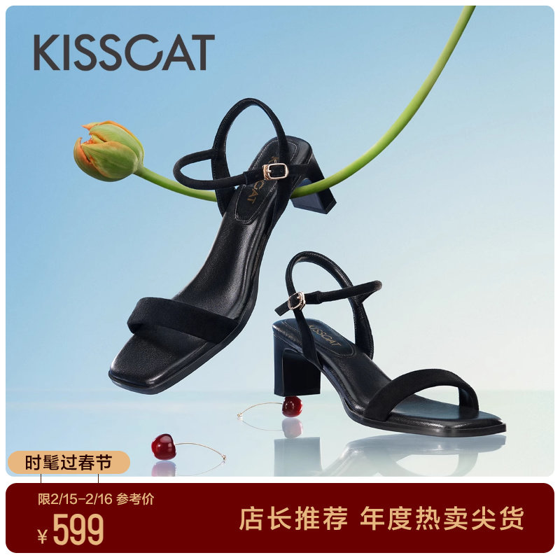 接吻猫[软枕系列]夏季新款简约高跟鞋羊绒粗跟鞋一字带凉鞋女