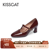 KISSCAT接吻猫玫瑰玛丽珍鞋 复古甜美T字带漆皮高跟玛丽珍单鞋 女