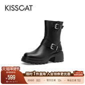 KISSCAT接吻猫新款 真皮中筒靴机车靴复古黑色厚底西部牛仔靴女