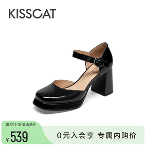 接吻猫春季新款法式复古高跟鞋简约粗跟玛丽珍方头厚底单鞋女