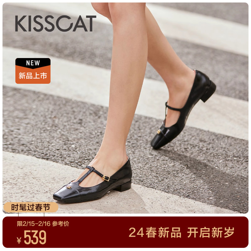 KISSCAT接吻猫2024春季新款气质方头单鞋复古T字带拼接玛丽珍鞋女