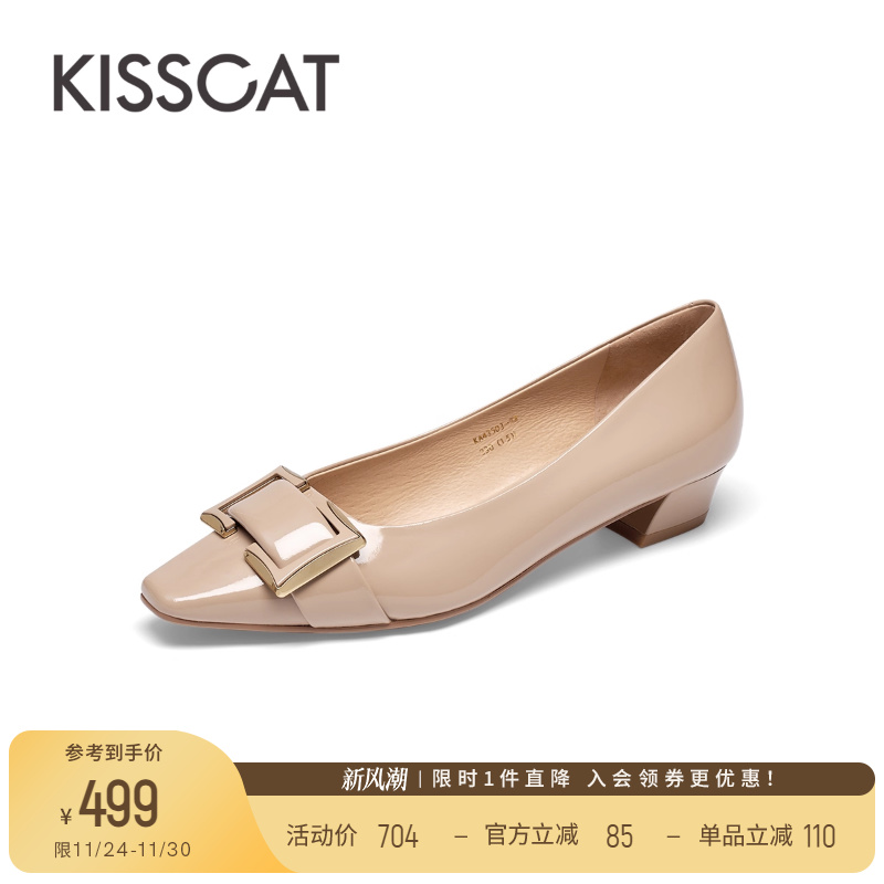接吻猫2023英伦粗跟单鞋