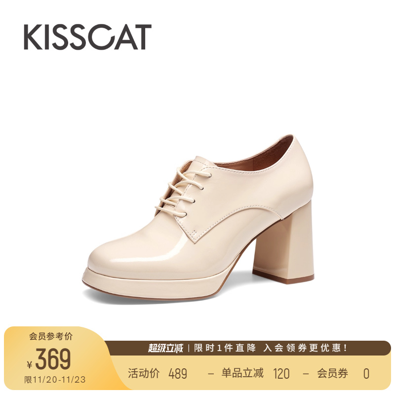 接吻猫粗跟通勤系带乐福鞋