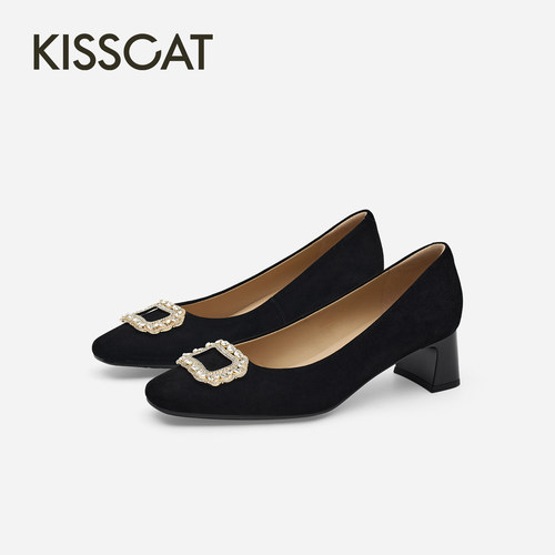 KISSCAT接吻猫[繁花]26早秋新品轻奢舒适浅口单鞋粗跟静音高跟鞋