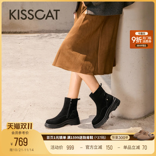 KISSCAT接吻猫25冬新款 户外西部靴简约厚底增高黑色弹力瘦瘦靴女