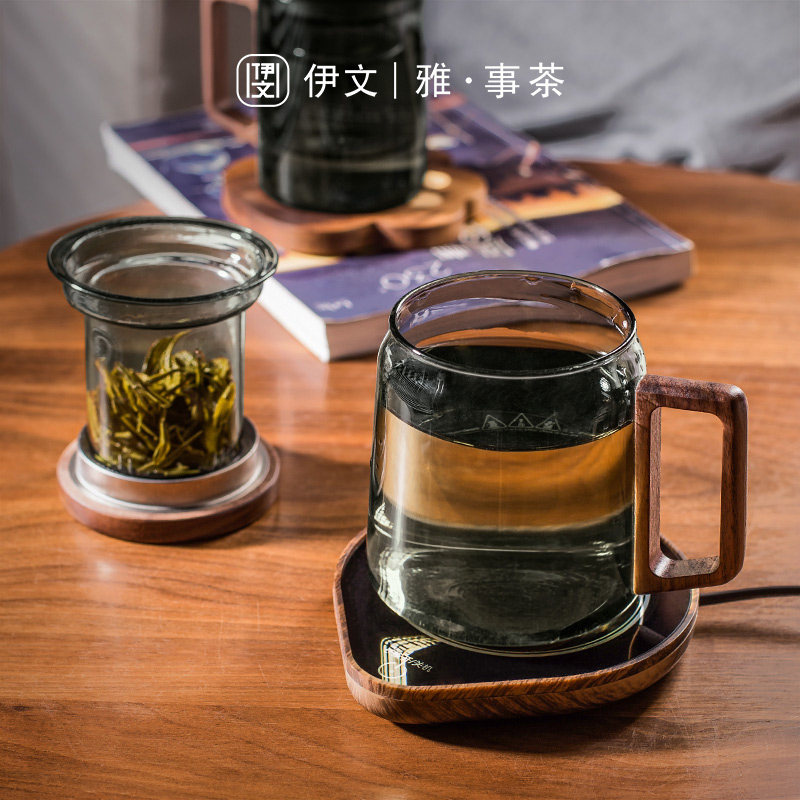 玻璃茶杯恒温杯垫套装日式办公室喝水杯个人专用加热茶水分离杯子