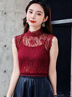 优雅酒红色半高领无袖蕾丝背心女修身显瘦内搭打底衫百搭性感上衣