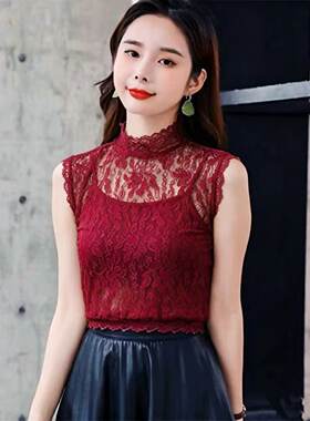 优雅酒红色半高领无袖蕾丝背心女修身显瘦内搭打底衫百搭性感上衣