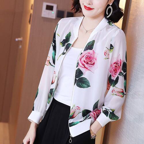 雪纺衫印花棒球服大码女装2025夏季新款减龄薄款夹克防晒短款