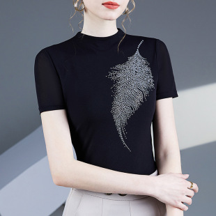 洋气纱衣小衫 时尚 新款 T恤女夏季 纯色百搭女士上衣 网纱烫钻短袖