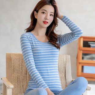 睡衣条纹款 女士保暖内衣中学生内穿少女棉毛衫 套装 95%棉秋衣秋裤