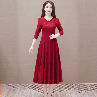 长袖连衣裙女2025新款喜妈妈红色春秋装大码修身贵夫人气质打底裙