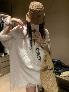 衬衫 清冷感老钱风白色亚麻蕾丝花边拼接v领长袖 裙设计感连衣裙女