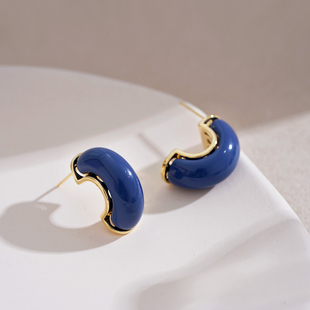 简约半圆圈耳环蓝色茶系耳钉复古港风高级感耳饰小众设计感新款潮