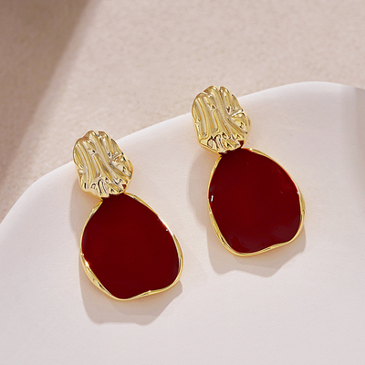 几何耳坠酒红色显瘦高级感