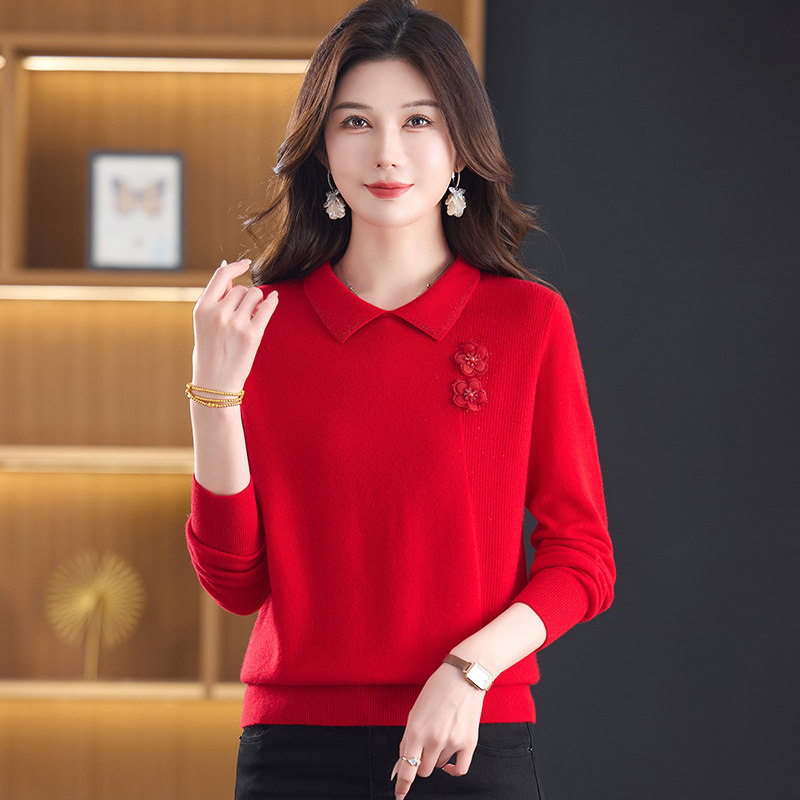 韩式纯羊毛翻领花朵套头妈妈毛衣