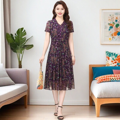 2025高端进口台湾纱短袖连衣裙弹力网纱夏季大码透气妈妈遮肉过膝