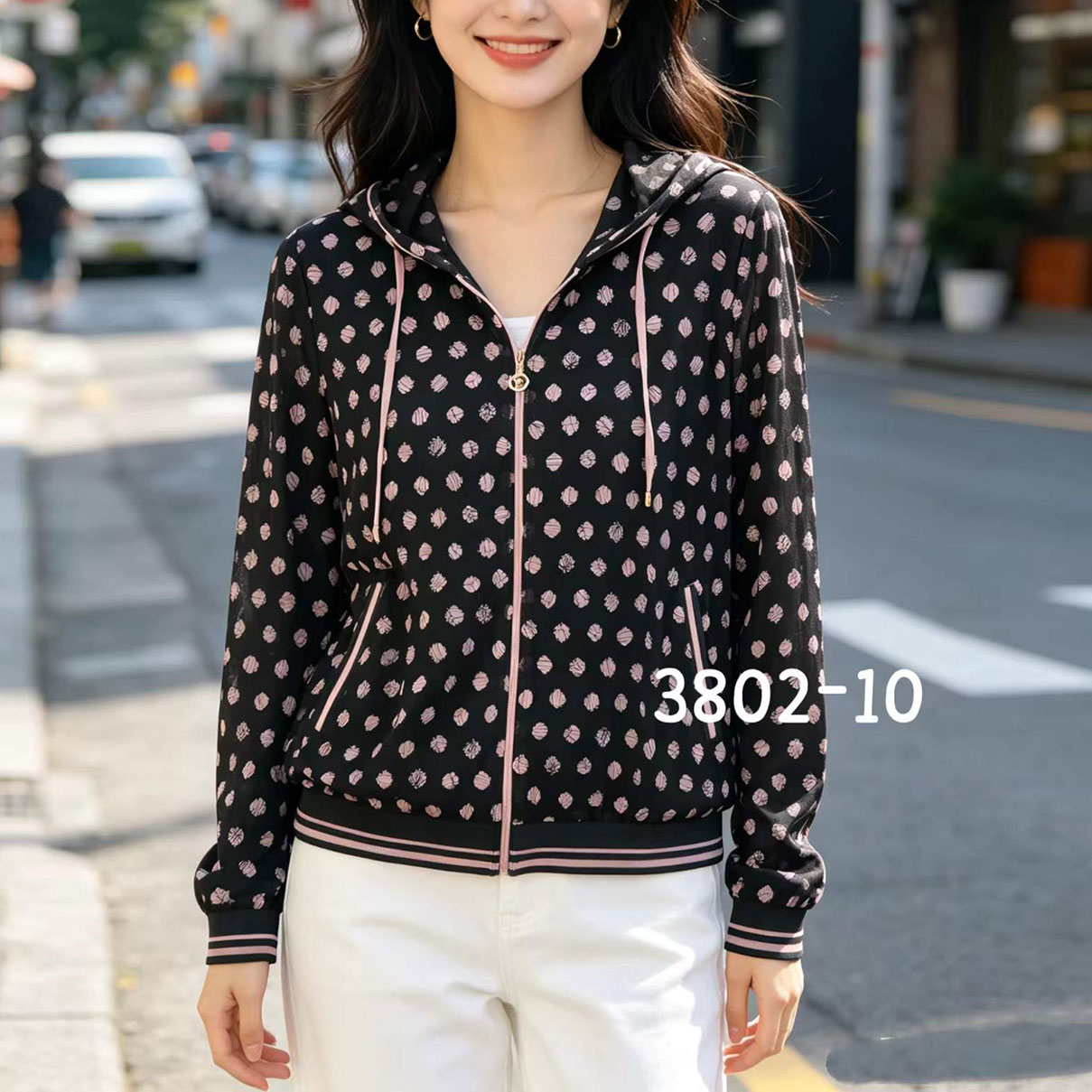 2026台湾纱长袖上衣连帽网纱印花拉链开衫薄外套中年女春装弹力