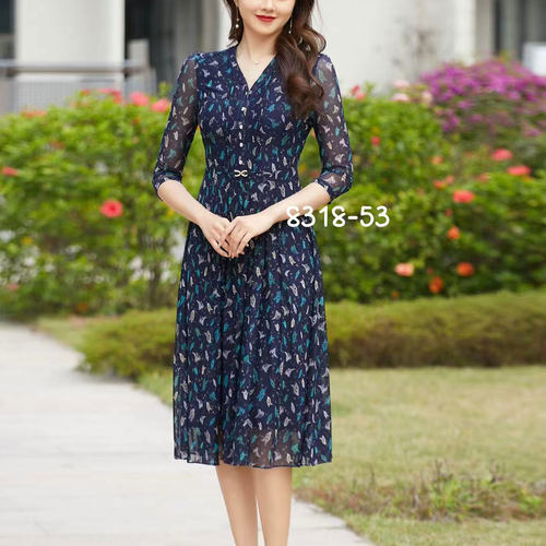 夏季妈妈装台湾纱网纱过膝连衣裙