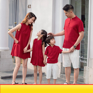 复古亲子装一家三口四口母女旗袍连衣裙中国风棉麻上衣唐装全家福