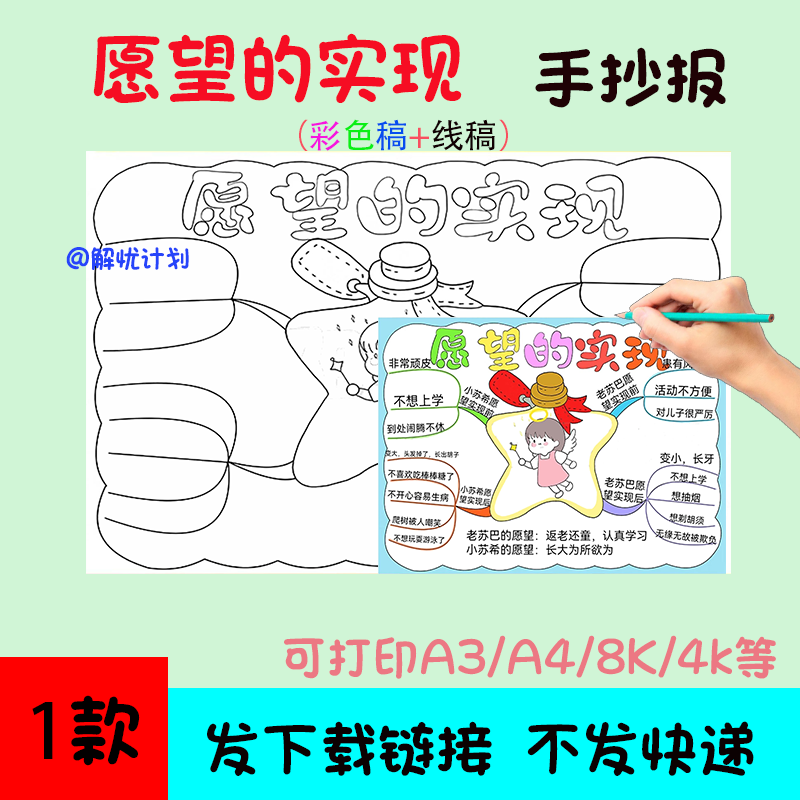 好书推荐愿望的实现手抄报电子稿模板A3/A4/8K黑白线稿思维导图7