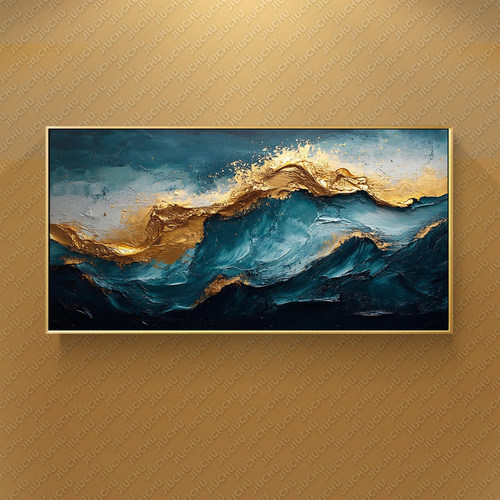纯手绘金箔海浪油画立体肌理挂画