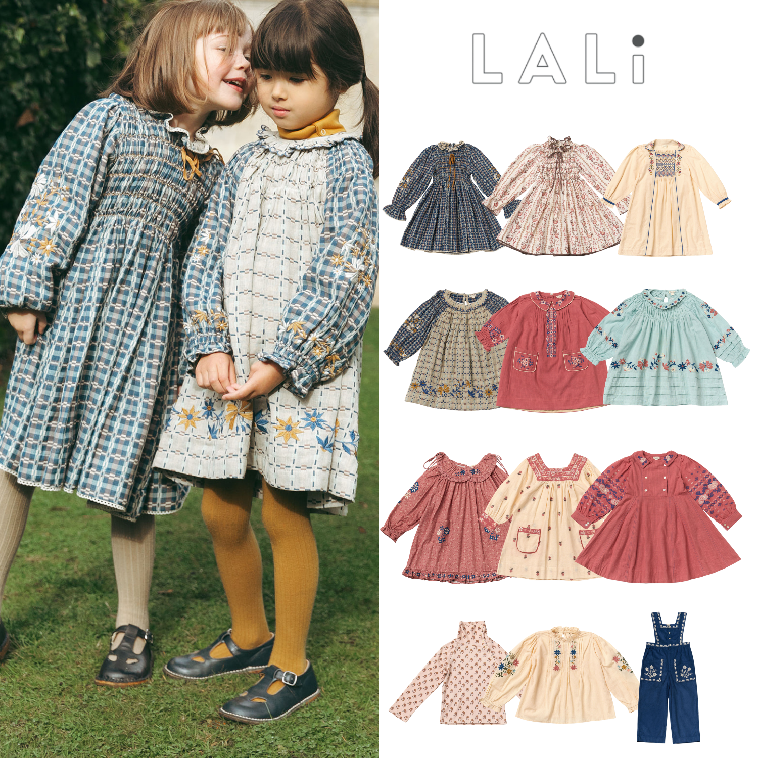 女童法式刺绣碎花打揽连衣裙