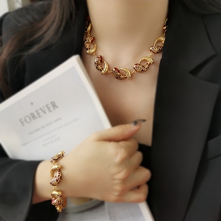 英国Luísa Lizz轻奢复古红滴釉镂空项链生日缎带水钻高级感套装