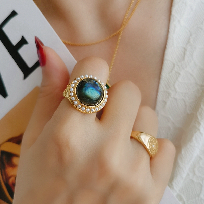 法式复古星光拉长石粉晶珍珠戒指