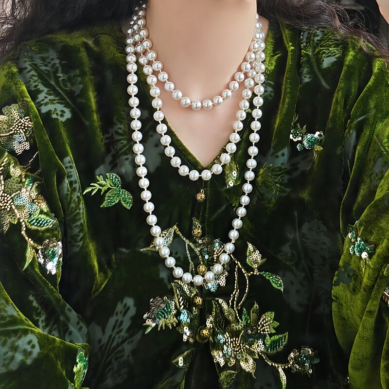 欧美小众高级感1米5多层叠戴珍珠项链轻奢复古10mm高亮百搭毛衣链