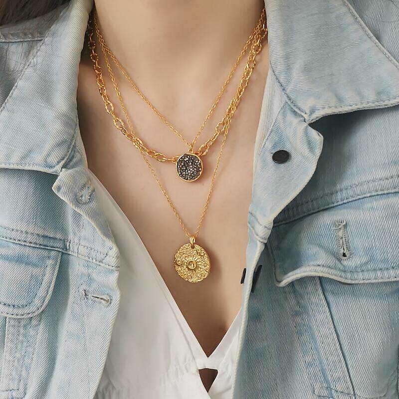 欧美小众百搭三层金币链条项链ins镀金复古闪钻哑光圆牌多层长链