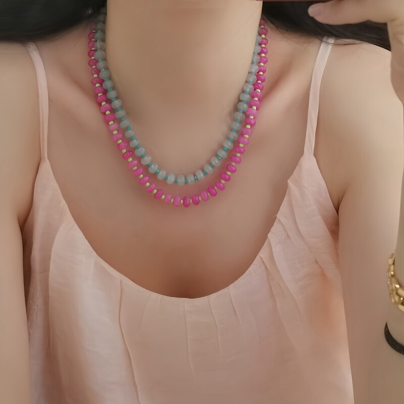 欧美小众优化天然石串珠百搭项链火龙果撞色算盘珠冰蓝叠带锁骨链