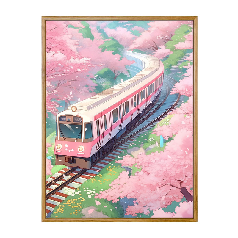 樱花列车 数字油画diy宫崎骏风自然美景高级感治愈手工填色装饰画