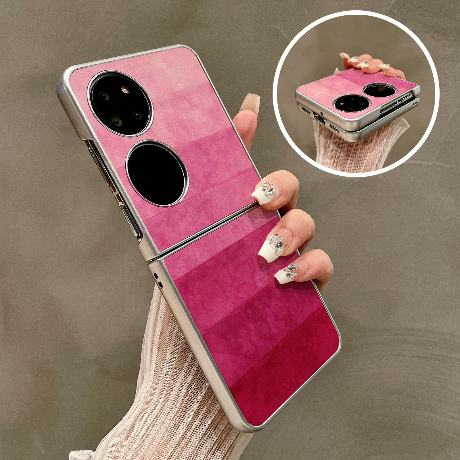 热瓜适用华为P50pocket手机壳Pocket2折叠屏保护套银色简约玫红渐变女款油边新款pockets创意高档视窗全包套