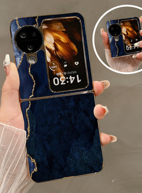 热瓜适用OPPOFindN3flip手机壳折叠屏保护套电镀蓝色拼色大理石金边新款气质findn2flip高档奢华视窗全包潮套