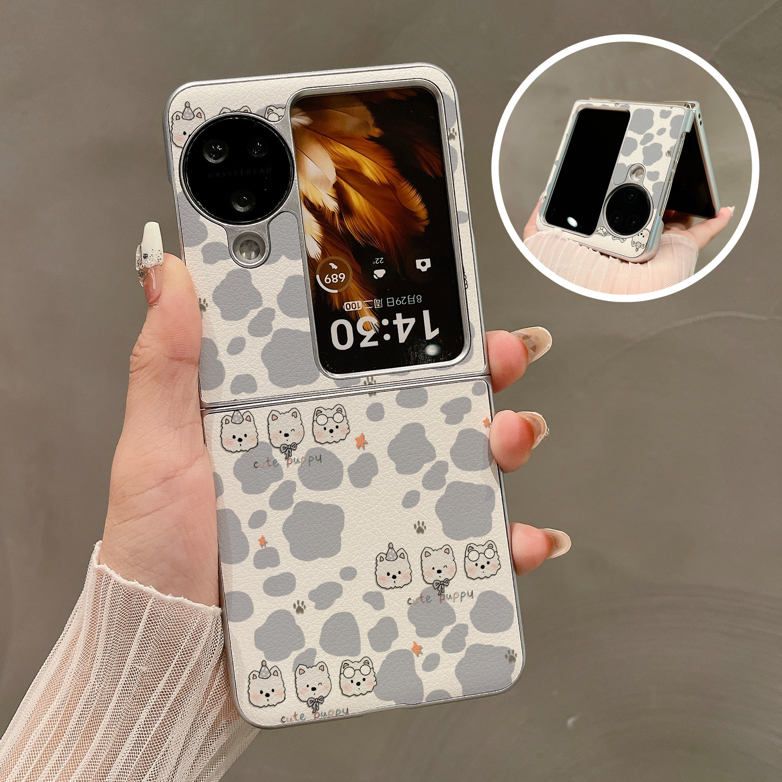 热瓜适用于OPPOFindN3flip/N2flip手机壳折叠保护套新款高档气质银色油边外壳轻奢全包防摔套牛奶纹可爱狗狗