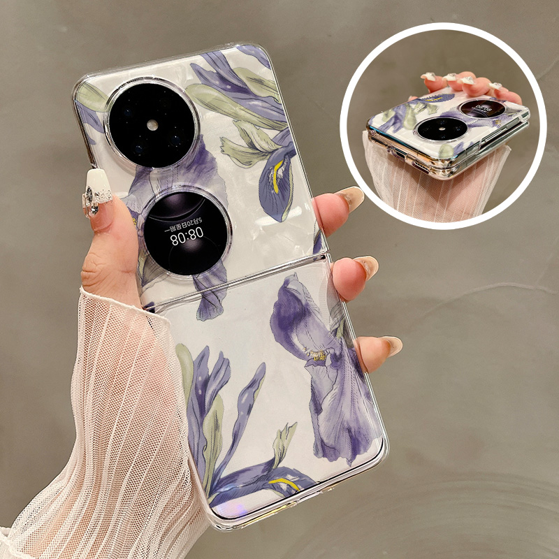 热瓜适用华为P50pocket手机壳Pocket2折叠屏保护套紫色鲜花花朵气质UV透明壳新款pockets创意高档视窗全包套