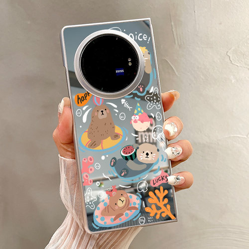 热瓜适用VIVOXFold6/5手机壳折叠保护套银色happy可爱夏日海狮镜面新款时尚xfold3pro高档翻盖视窗全包简约套