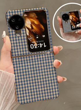 热瓜适用于OPPOFindN3flip/N2flip手机壳折叠屏保护套新款高档气质电镀金边外壳轻奢全包防摔套简约蓝白格纹