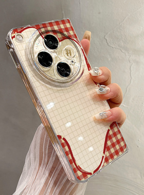 热瓜适用于OPPOFindN5/N3/N2手机壳左右折叠屏保护套新款高档气质UV透明壳高级感全包防摔套波浪红色格纹简约