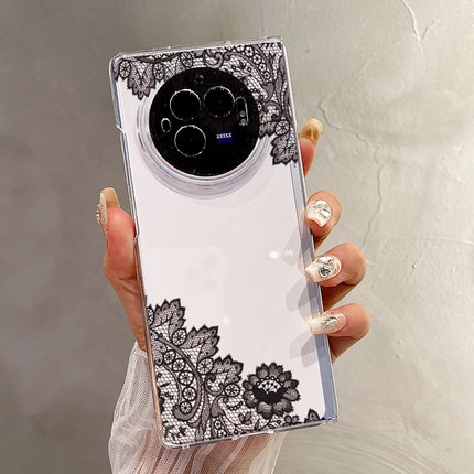 热瓜适用于VIVOXFold5/xfold3pro/xfold2手机壳折叠屏保护套新款高档气质UV透明壳全包潮防摔套黑色蕾丝花朵