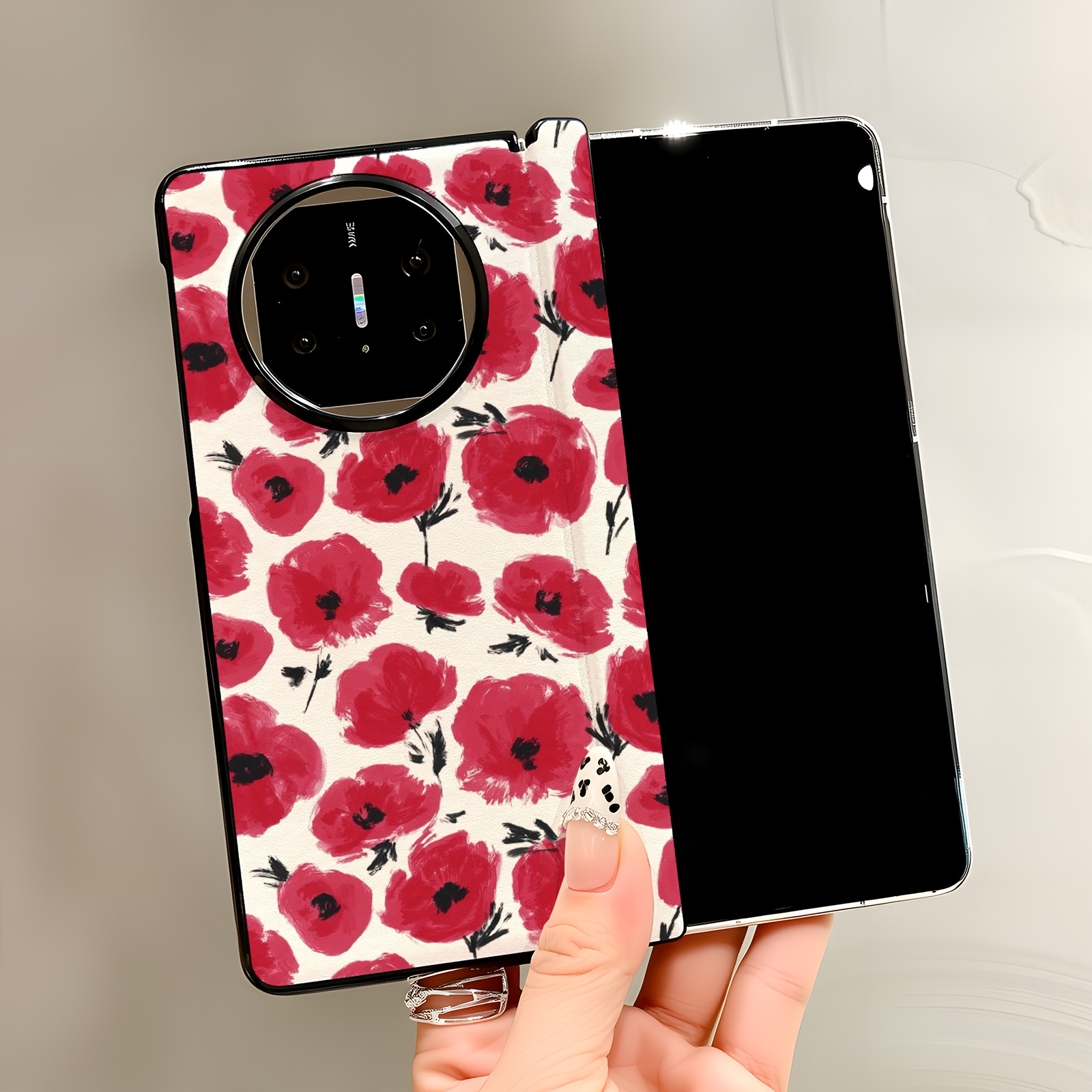 热瓜适用于华为MateX7/MateX6/X5/X3手机壳新款高档磁吸中轴皮纹折叠屏保护套全包防摔套高级感红色满屏花朵