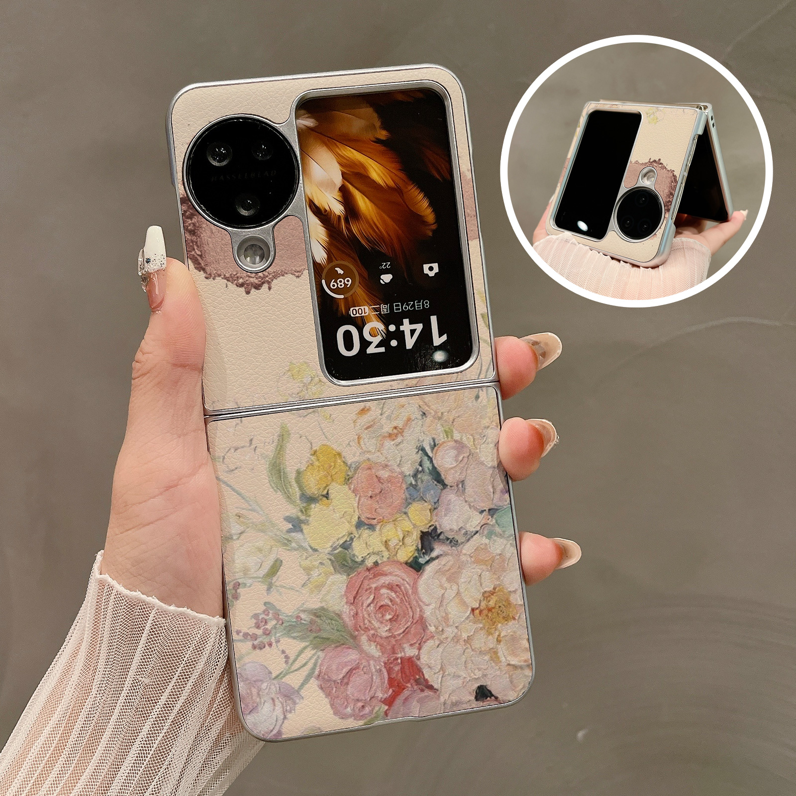 热瓜适用OPPOFindN3flip手机壳折叠屏保护套视觉油画涂鸦花朵银色油边新款气质findn2flip高档奢华全包防摔套