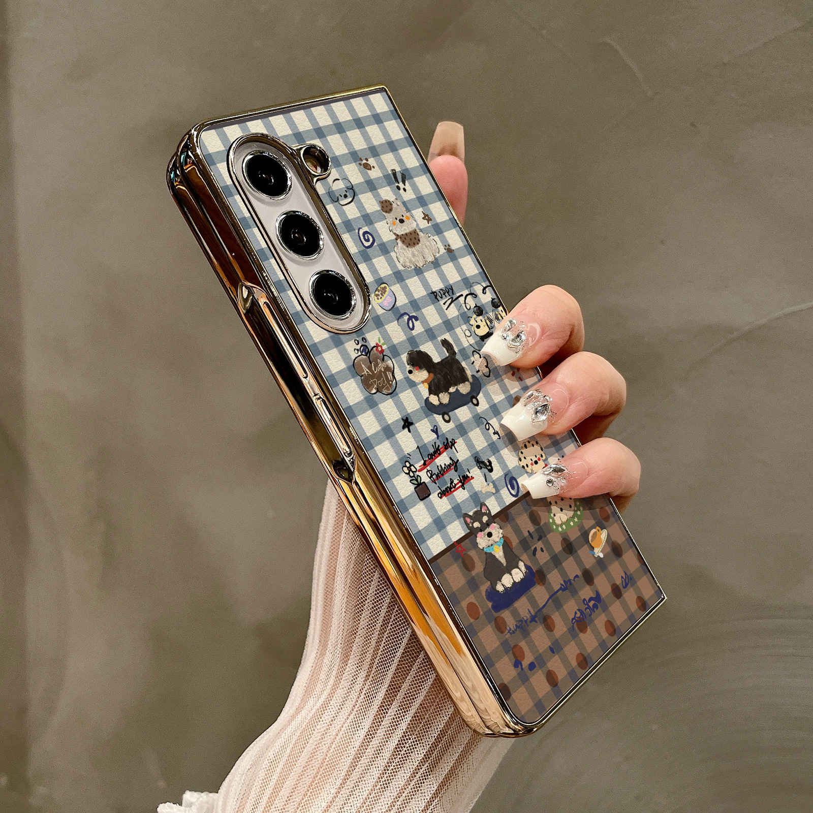 热瓜适用于三星GalaxyZFold7/6/5/4/3手机壳折叠屏保护套新款高档气质电镀金边高级感全包防摔套可爱格纹小狗