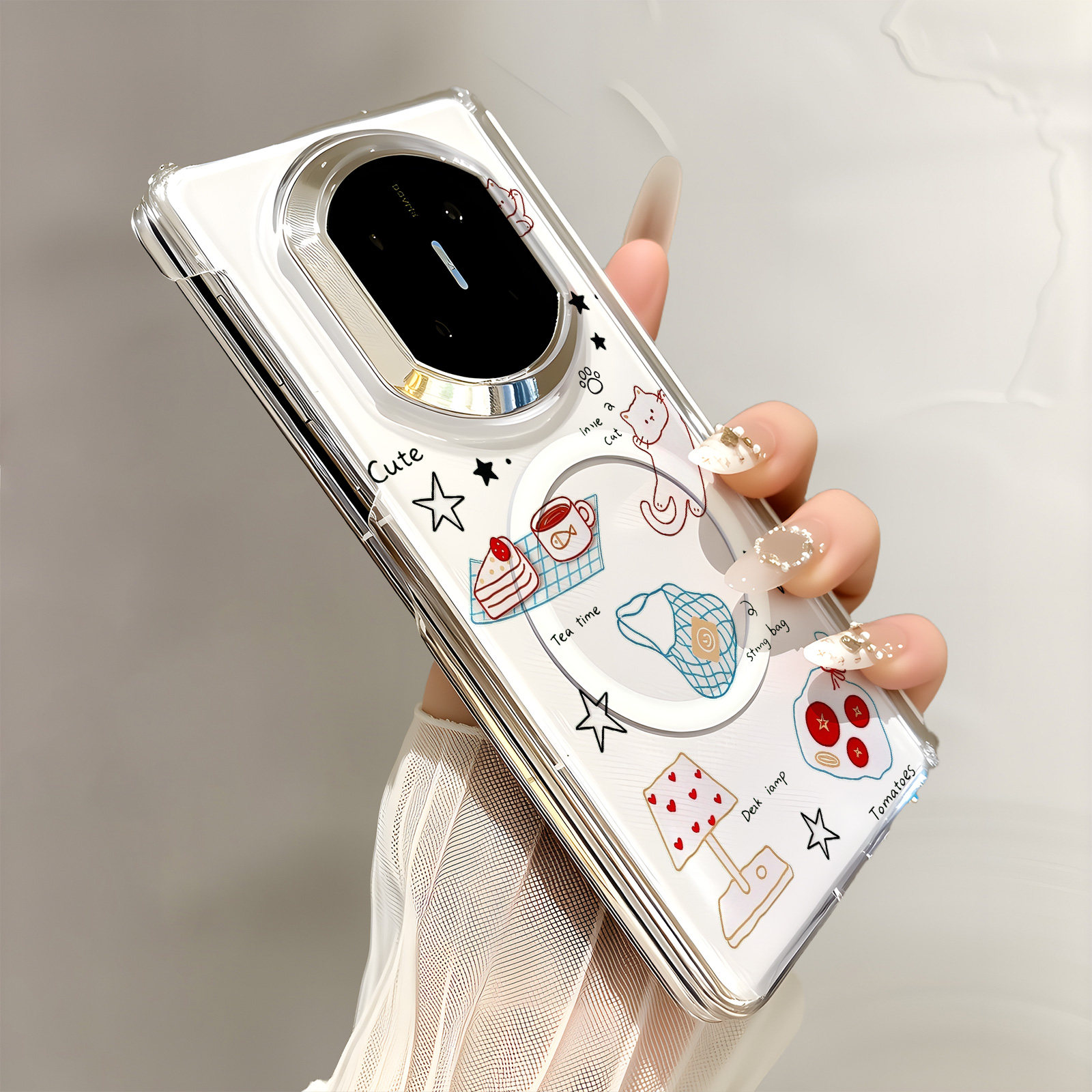 热瓜适用于华为MateX7/X6/X5手机壳折叠屏保护套新款双中轴背面无线磁吸UV透明壳高档全包防摔套奶白星星猫咪